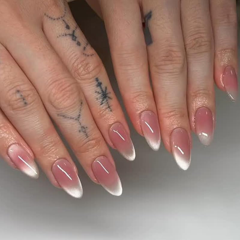 Mouyouglow Unghii False Magnetice Scurte, Roz Migdala Roșu Gradient Sclipici Cat Eye cu Lipici, Unghii Artificiale Roz Roșu Ombre Sclipici Fototerapie Pentru Femei și Fete