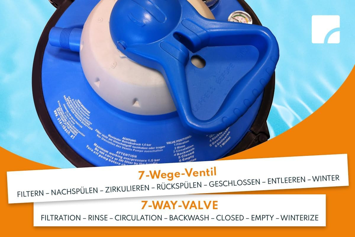 Steinbach Comfort 75 szűrőrendszer – 040100 – Önfelszívó szivattyú 40 000 l-es medencékhez – Előszűrővel, nyomásmérővel, időzítővel és LED kijelzővel – Speciális INTEX 2" adapterrel