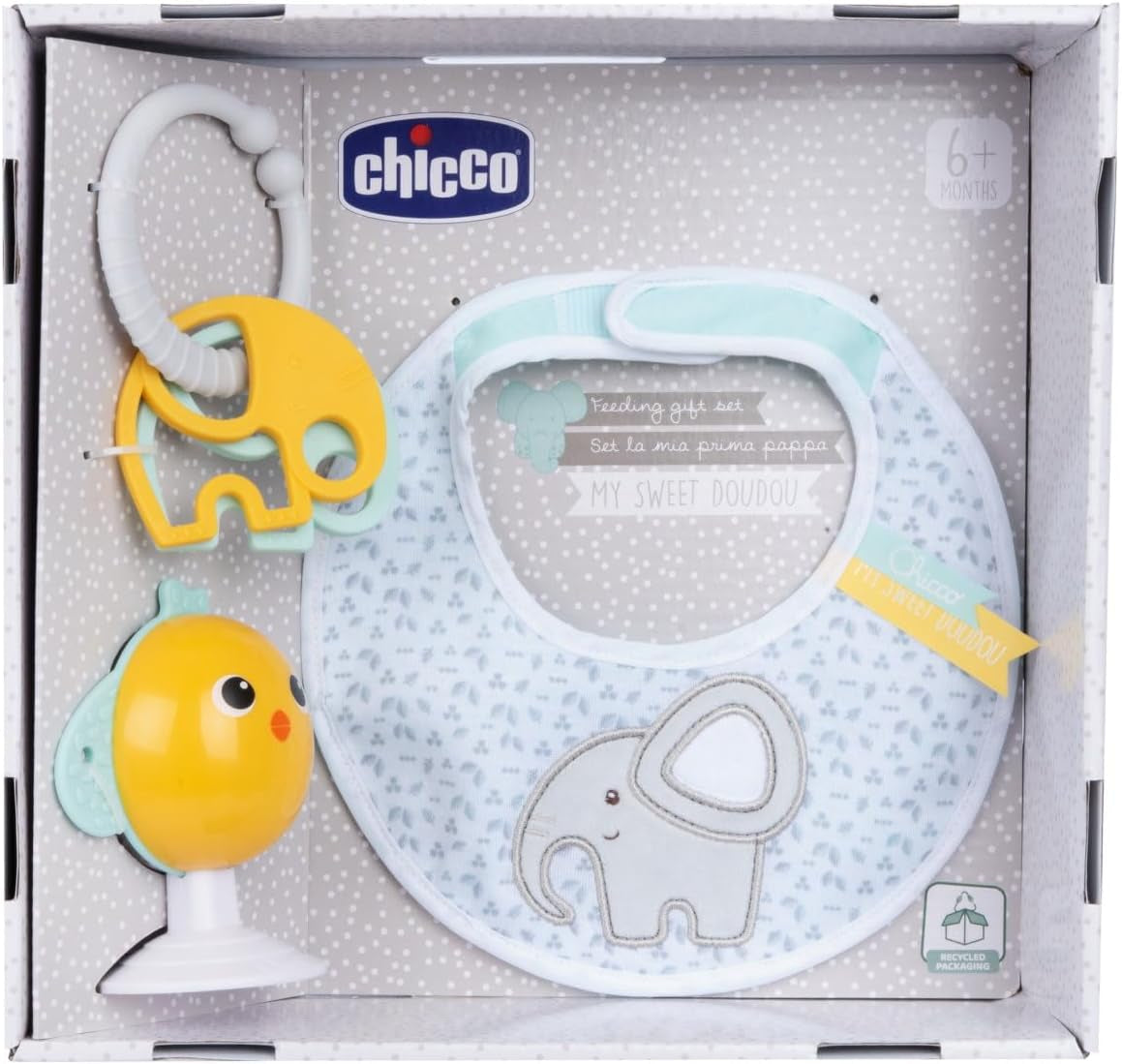 Chicco meal gift set Dou Dou, set format din bavetă, jucărie pentru scaun înalt cu ventuză în formă de pui drăguț, cu două zornăitoare colorate, ușor de prins de la 6 luni Jucarii Bebe Naty Shop Titlu implicit