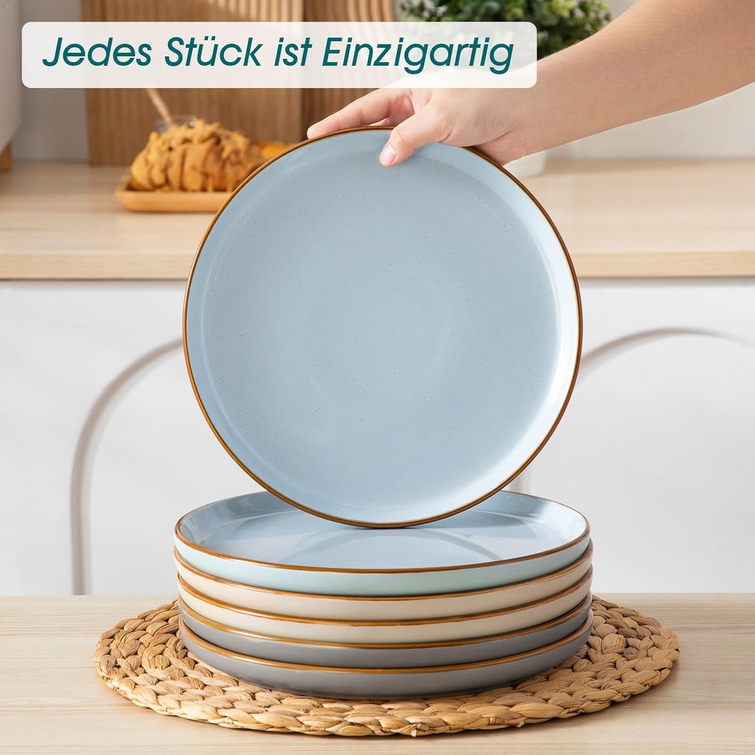 Geschirrset 6 Personen, vancasso RENO 24-tlg Steingut Teller Set Mix, Tafelservice mit je 6 Speiseteller, Dessertteller, Suppenteller, Müslischalen, Spülmaschinenfest & Mikrowellengeeignet, Mehrfarbig