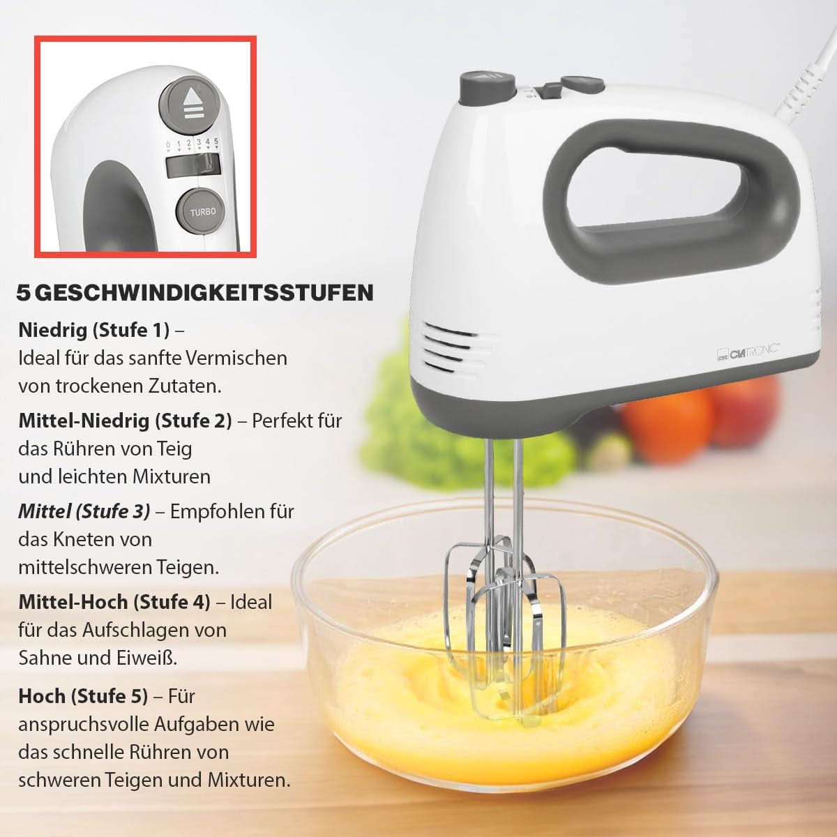 Clatronic Mixer | Kraftvoller 400 Watt-Motor | Kézi mixer | Turbostufe & 5 Geschwindigkeitsstufen | Kézi mixer | Spülmaschinengeeignete Edelstahlquirle Und -Knethaken | HM 3775 Kitchen Naty Shop