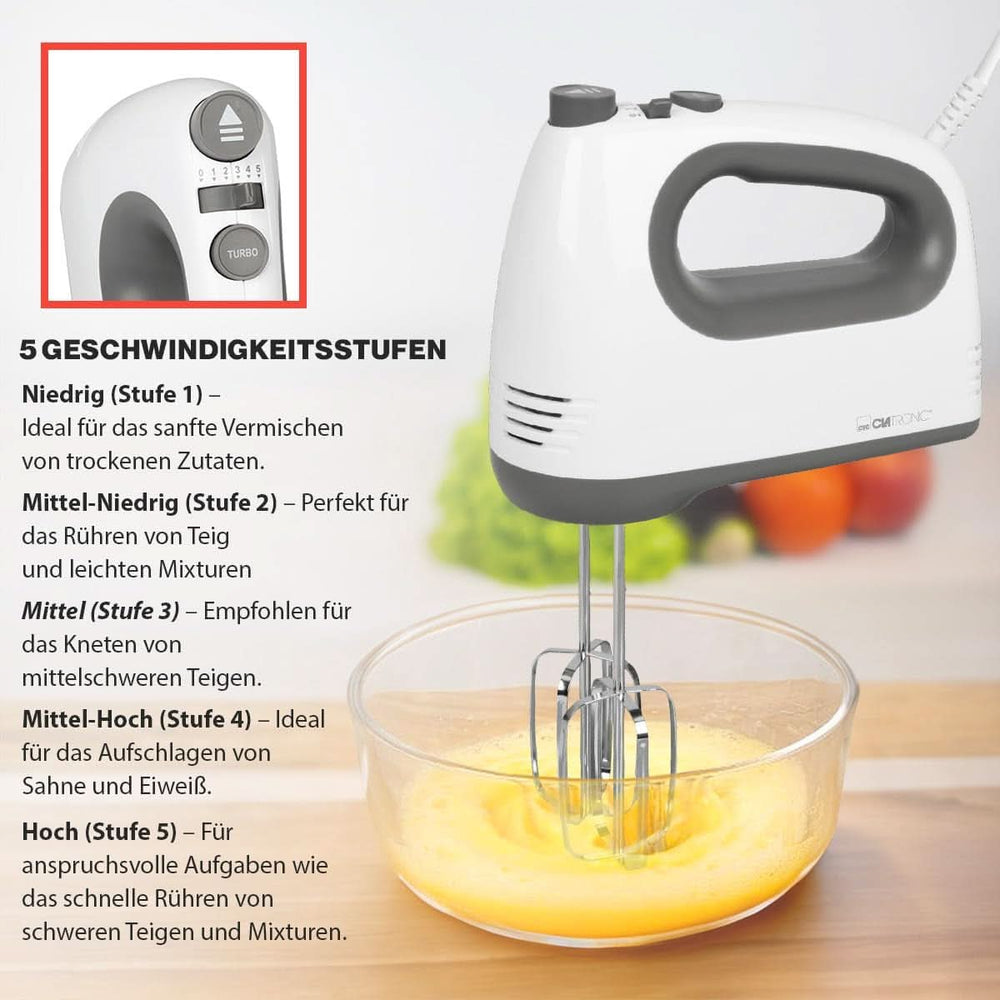 Clatronic Mixer | Kraftvoller 400 Watt-Motor | Kézi mixer | Turbostufe & 5 Geschwindigkeitsstufen | Kézi mixer | Spülmaschinengeeignete Edelstahlquirle Und -Knethaken | HM 3775 Kitchen Naty Shop