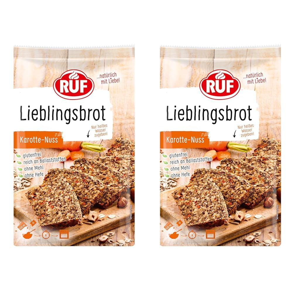 RUF Lieblingsbrot Protein, Brot-Backmischung, Brotmischung, Brotteig-Mischung, Proteinreiches Brot, Glutenfrei, Ohne Mehl & Hefe, 1 X 500G Naty Shop 600 G (2 Er Pack) Karotte Nuss