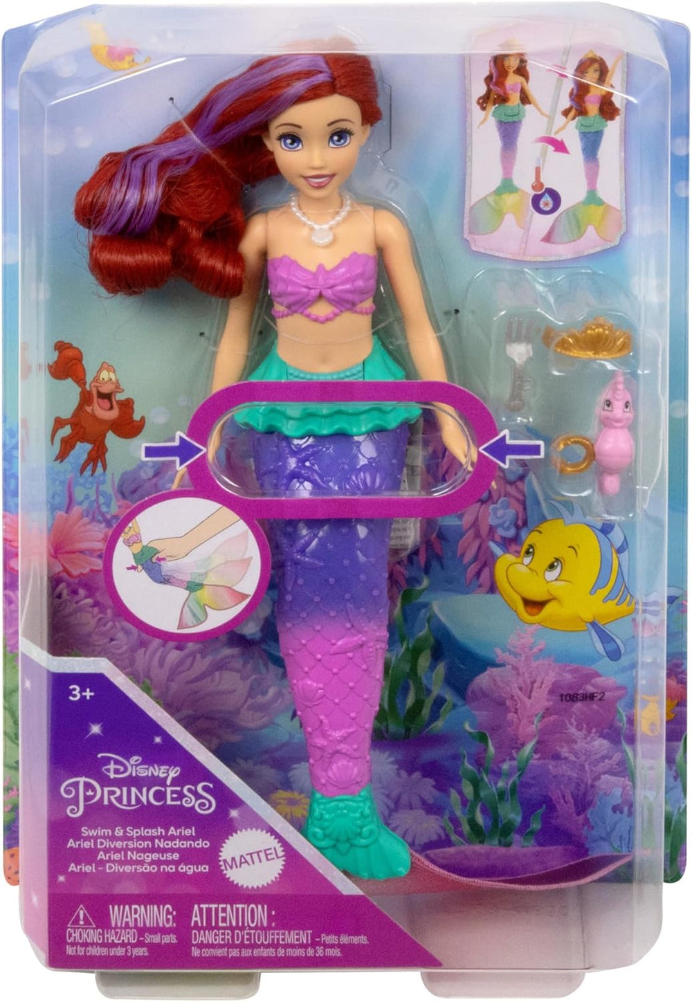 Mattel DISNEY Arielle - Meerjungfrauenpuppe mit Farbwechseleffekt, inklusive Seepferdchen-Freund, Diadem, Halskette und Dingelhopper für Unterwasserabenteuer, HPD43