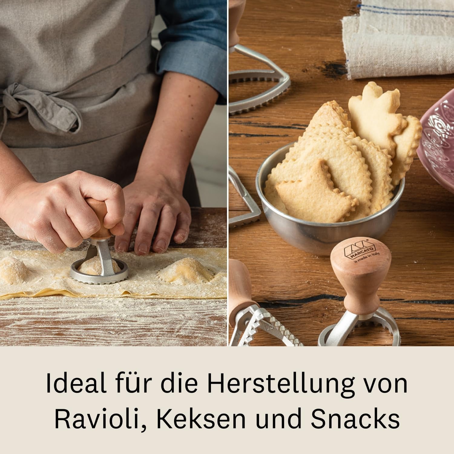 MARCATO Formă de ravioli și fursecuri, Aparat de ravioli, Forme de fursecuri, Lemn masiv și aluminiu turnat, Fabricat în Italia, Ștampilă rotundă de 58 mm