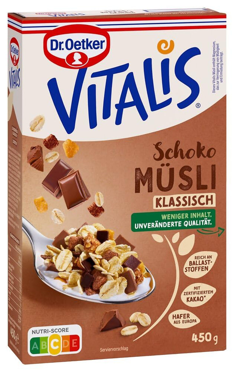 Dr. Oetker Vitalis csokoládé müzli klasszikus: Reggeli müzli tejjel és étcsokoládéval, 7 db-os (7 x 600g) csomag