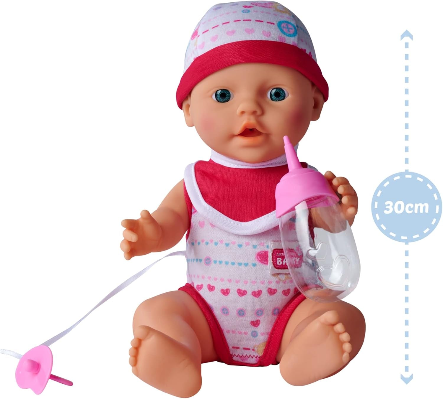 Simba 105037800 - New Born Babyset, 2-fach sortiert, es wird nur ein Artikel geliefert, Vollvinylpuppe mit Trink- und Nässfunktion, Pacifier, Flasche, Topf und Lätzchen, 30 cm, max 3 év