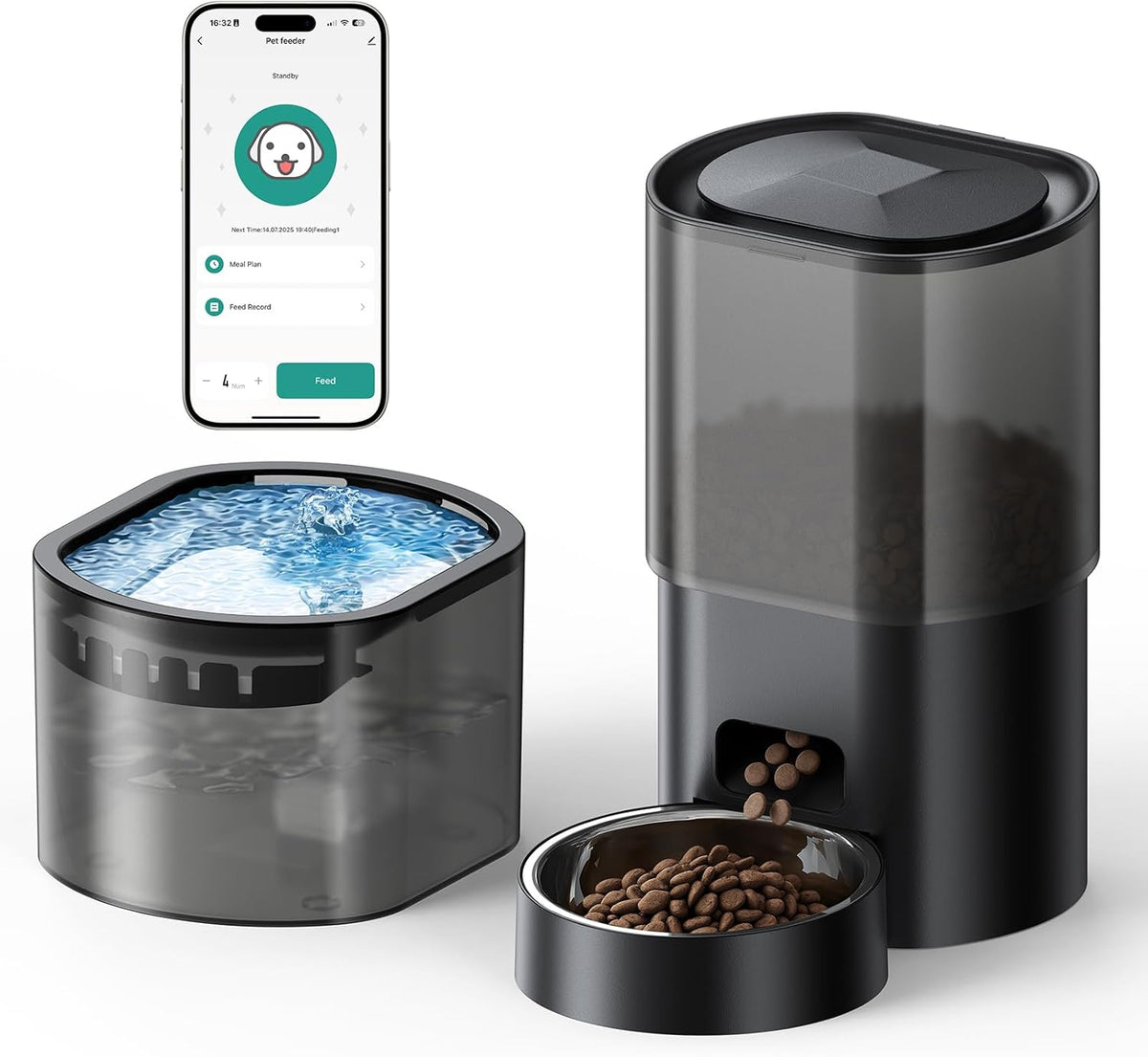 3L Automatischer Katzenfutterspender 2,5L Katzenbrunnen-Set, geräuscharmes App-steuertees Fernfütterungsgerät mit 10 Mahlzeiten per Tag, Anti-Verstopfungs-Design, ideális a Katzen & Welpen számára