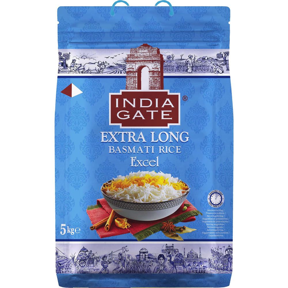 INDIA GATE Premium Basmati Rice – Hosszú szemű finom, aromás rizs Indiából, finom hosszú szemű (1 x 5 kg)