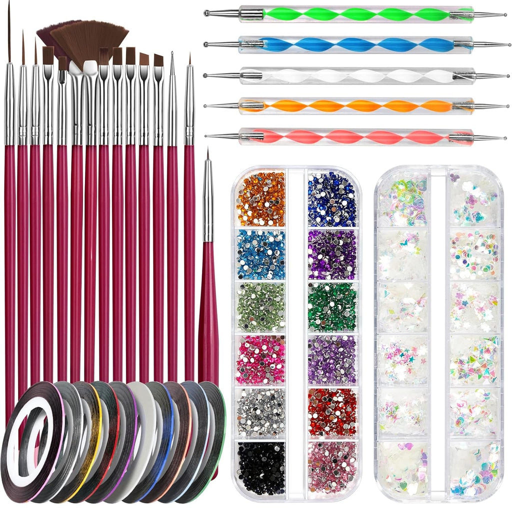 FANDAMEI Nail Art Pinsel Set, 15 Stücke Pinsel Für Gelnägel Nagel Pinsel, 5 Stücke Dotted Pen, 10 Rolle Streifenband Nägel, Strasssteine Nägel, Ultra Dünn Nagel Pailletten Für Nagelkunst Maniküre Set
