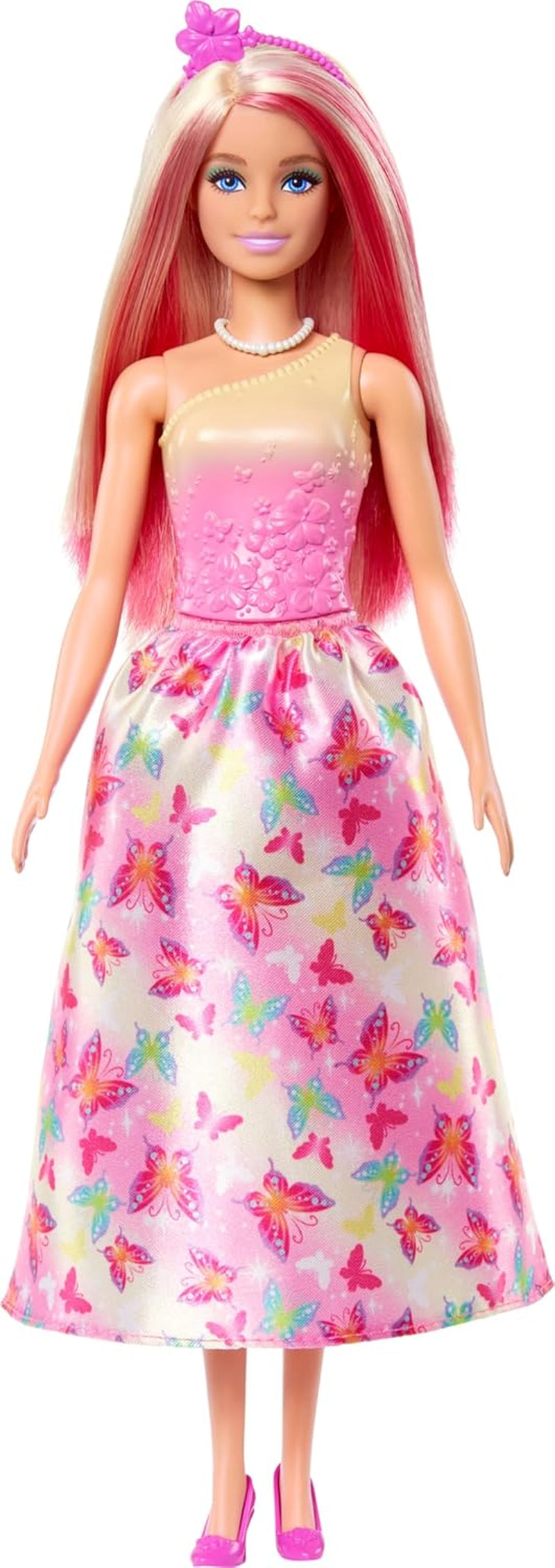 Păpușă Barbie Royal cu păr fantezist blond și roz, accesorii colorate, top roz cu gradient și fustă cu model fluture, HRR08 Papusi Naty Shop
