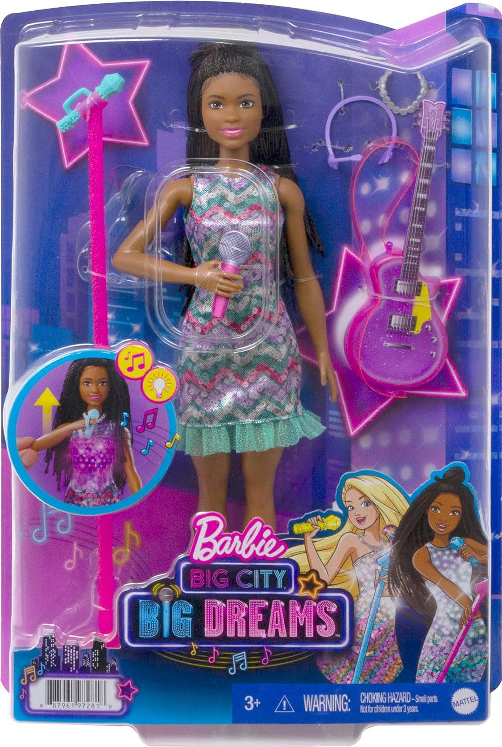Barbie GYJ22 - Bühne frei für große Träume Brooklyn Puppe (ca. 30 cm, braune Zöpfe) mit Melodien aus dem Film, Lichtern, Mikrofon und Accessoires, Geschenk für Kinder ab 3 Jahren
