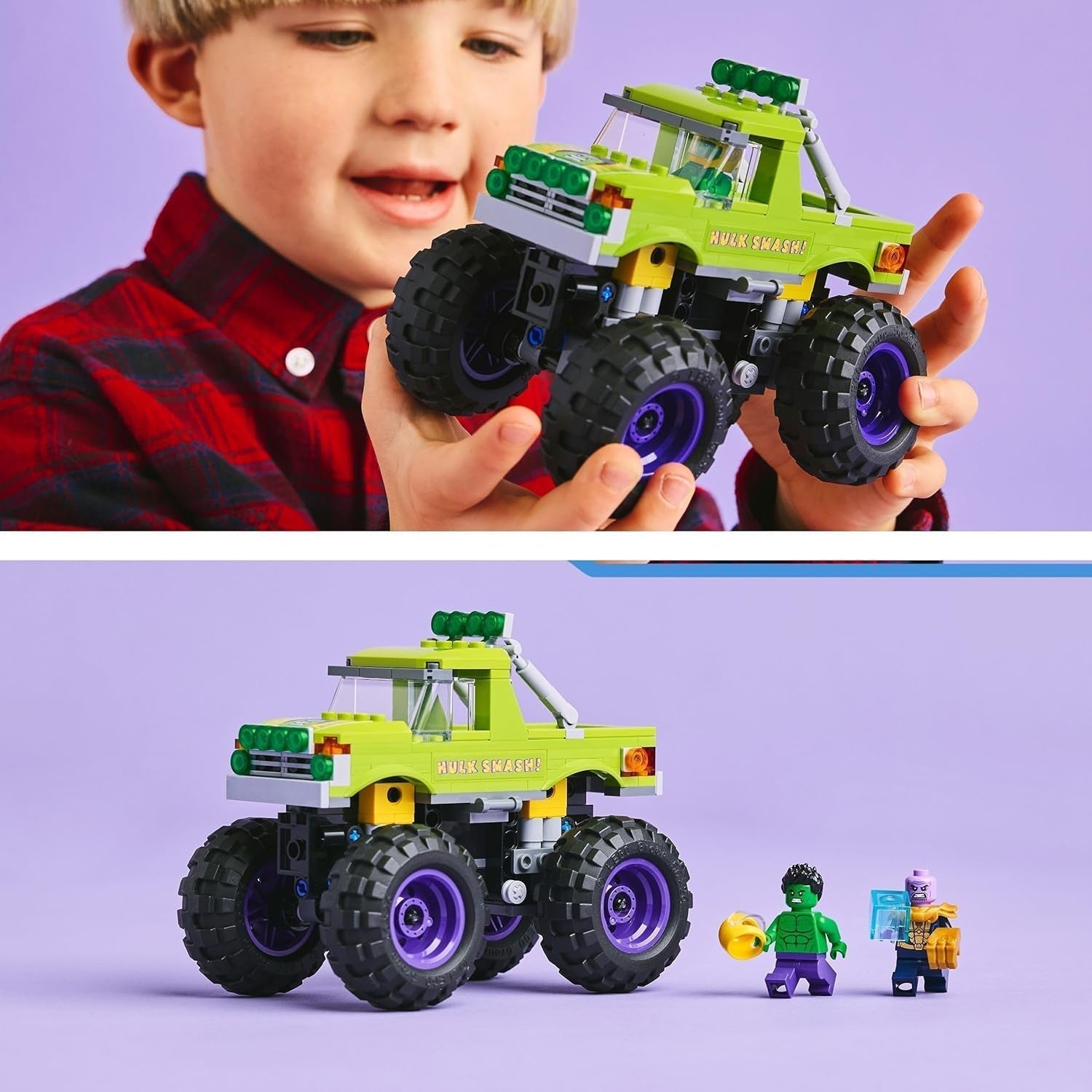LEGO Ç€ Marvel Hulk Truck vs. Thanos - Szuperhős építőjáték - Bosszúállók jármű és minifigurák - Monster truck a nagy mókához - Ajándék fiúknak és lányoknak 7 éves kortól - 76312 Építőkészlet Besuche den LEGO-Store