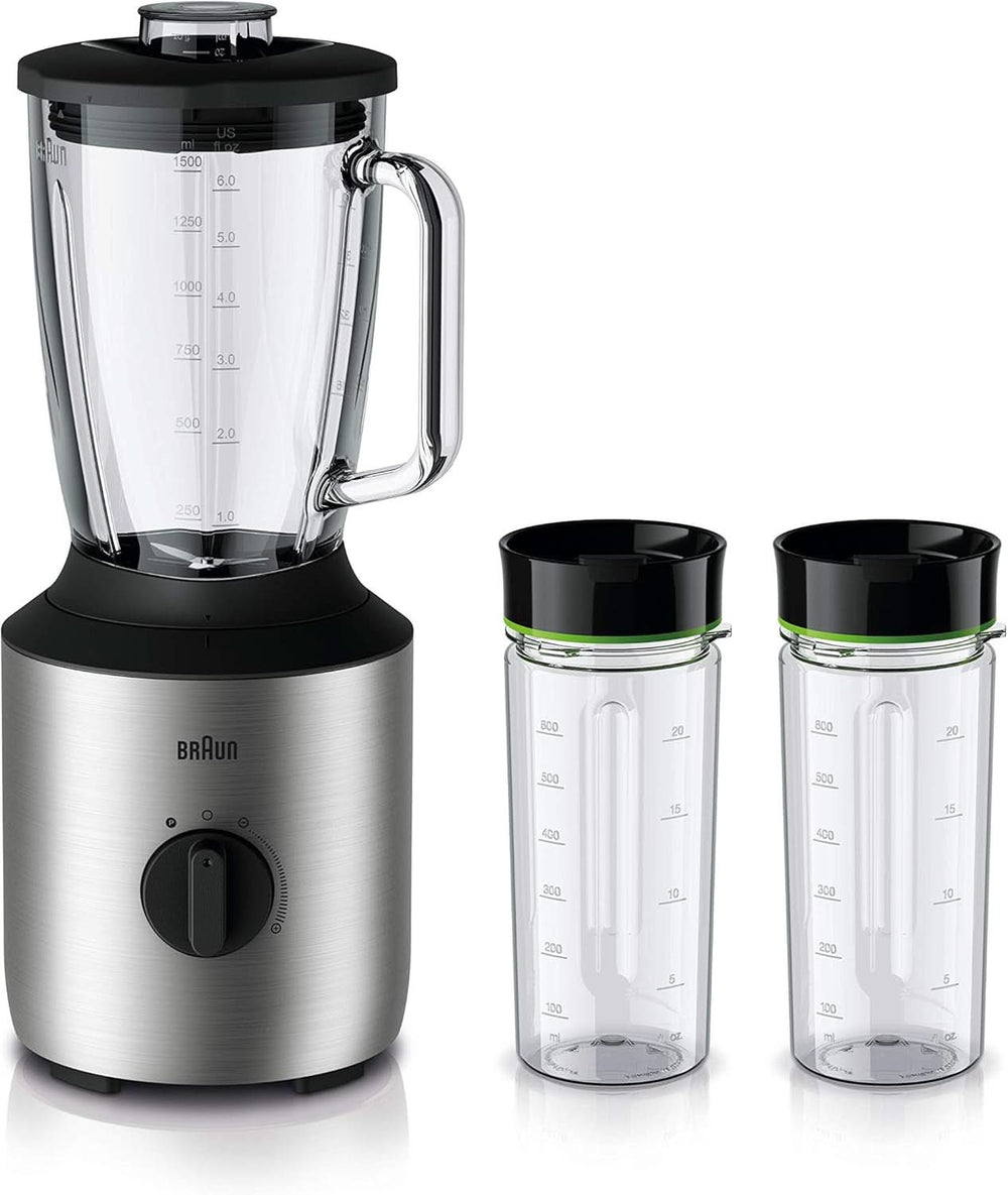 Braun Powerblend 3 JB 3150 BK Standmixer - 1,5 L Glas-Mixaufsatz, Küchenhelfer Zum Zerkleinern, Pürieren & Mixen, 800 Watt, Schwarz Bucatarie Naty Shop Edelstahl/Schwarz Single