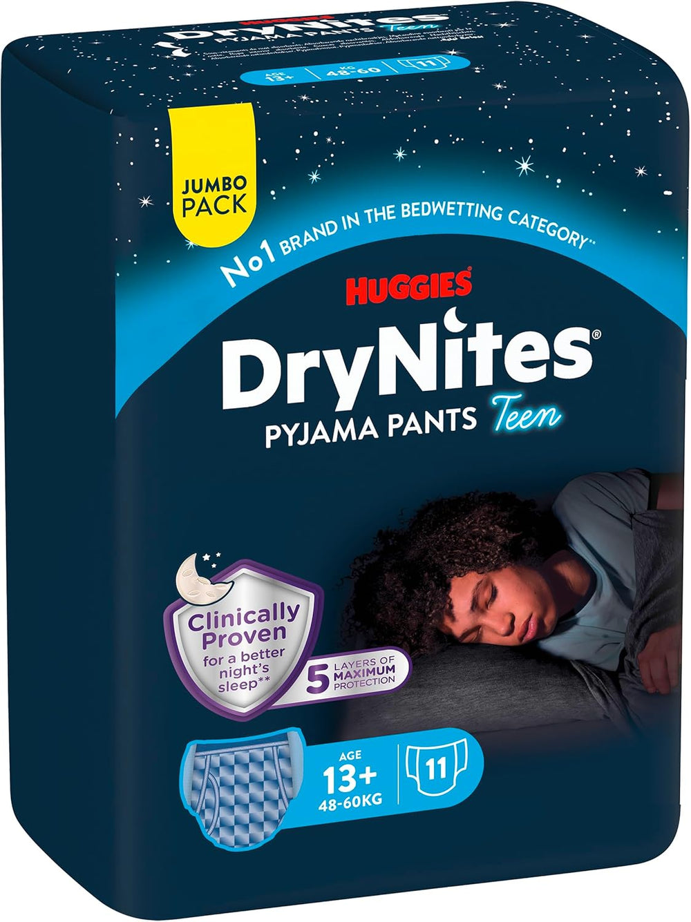 Huggies DryNites éjszakai ágybavizes pelenkák, fiúk 13-kb. 17 éves korig (48-60 kg), 33 szám (3x11), Jumbo havi csomag, XL-es nadrág