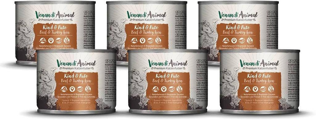 Venandi Animal Premium Hrană umedă pentru pisici, Tasting Pack III, pui, curcan, vită, pui + iepure, vițel, curcan, 6 X 200 G, fără cereale și naturală, 1.2 Kg
