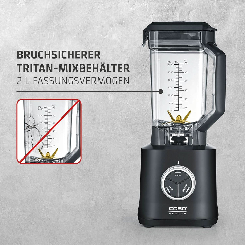 CASO Powerblender B 2000 - Profi állványkeverő, 30 000 U/perc, 2000 Watt, Bruchsicherer Tritan-Mixbehälter (2 L), Bpa-Frei, Pulse-, Shake-, Smoothie-Funktion, 8-Fach Messer-Naschitychtung Mittan Kitchen-System Shop