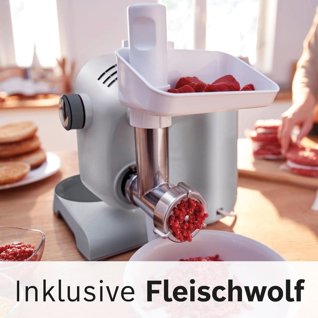 Bosch Küchenmaschine Serie 4 MUM56340, Schüssel 3,9 L, Mixer 1,25 L, Fleischwolf, Zitruspresse, Planetenrührwerk, Knethaken, Schlag-, Rührbesen, Durchlaufschnitzler, 3 Scheiben, 900 W, Silber/Grau Mama si Copilul Naty Shop