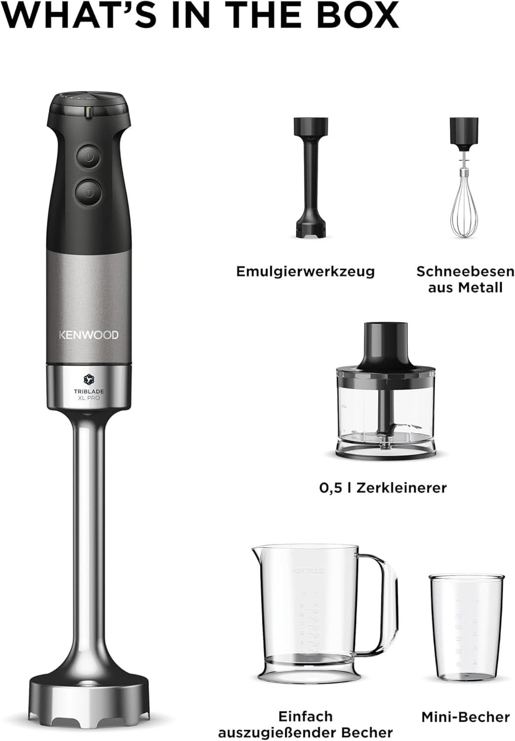 Kenwood Triblade XL Pro Stabmixer HBM80.322BK, 1200W, Variable Geschwindigkeiten, Edelstahl(Pürierfuß), Schneebesen, Emulgieraufsatz, 500Ml Zerkleiner, 700 & 250Ml Becher, Spülmaschinenfeste Teile Bucatarie Naty Shop