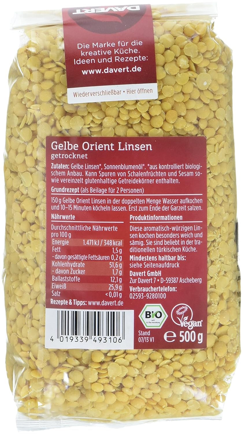 Davert keleti sárga lencse (1 x 500 g) - Bio