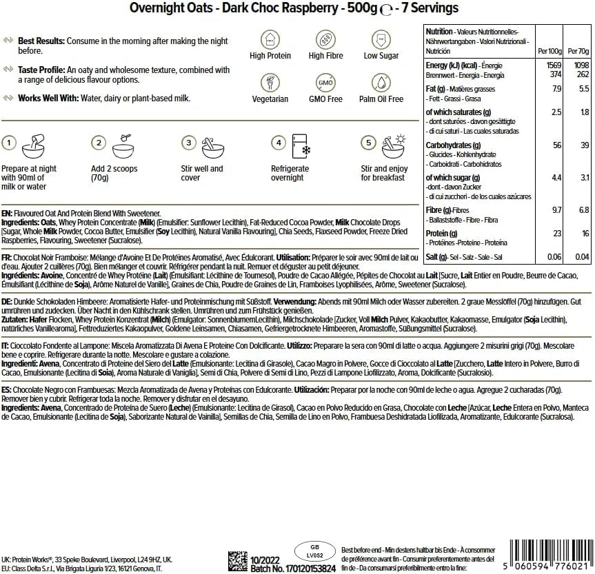Éjszakai zabpehely fehérjével | Étcsokoládé és málna | Magas fehérjetartalmú reggeli | Alacsony cukortartalmú snack | Alacsony GI zabpehely | 500g
