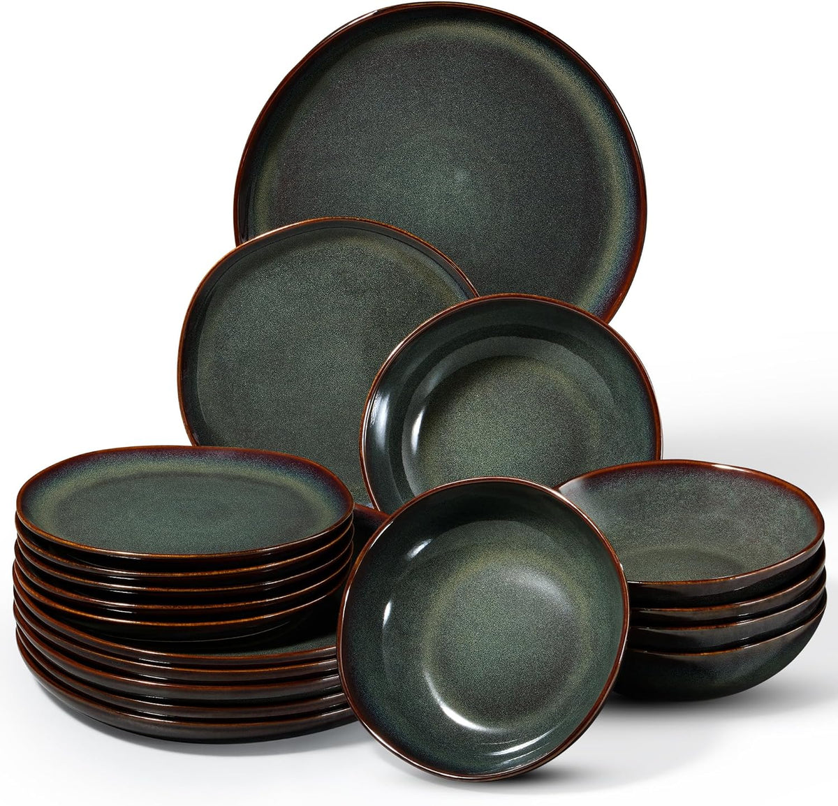 Set de veselă pentru 6 persoane, set de servire din gresie, format din 18 piese, boluri rotunde neregulate pentru cereale, farfurii de desert, farfurii de cină, rezistent la zgârieturi și potrivit pentru cuptorul cu microunde, verde mușchi reactiv