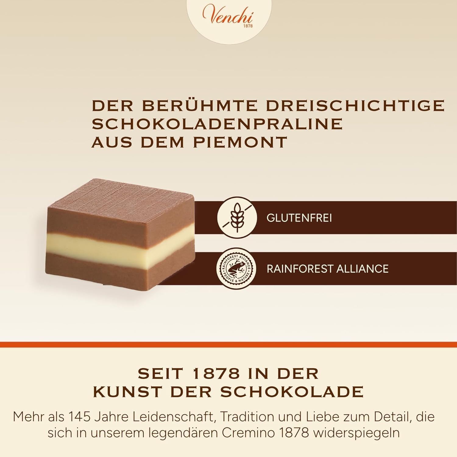 Venchi - Cremini 1878 - Háromrétegű gianduja csokoládé tej-mandula pasztával, "Piemontese Hazelnuts PGI", 1 kg, gluténmentes, színezék és tartósítószer nélkül