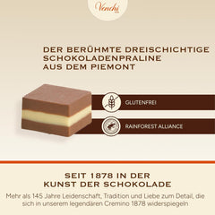 Venchi - Cremini 1878 - Háromrétegű gianduja csokoládé tej-mandula pasztával, "Piemontese Hazelnuts PGI", 1 kg, gluténmentes, színezék és tartósítószer nélkül