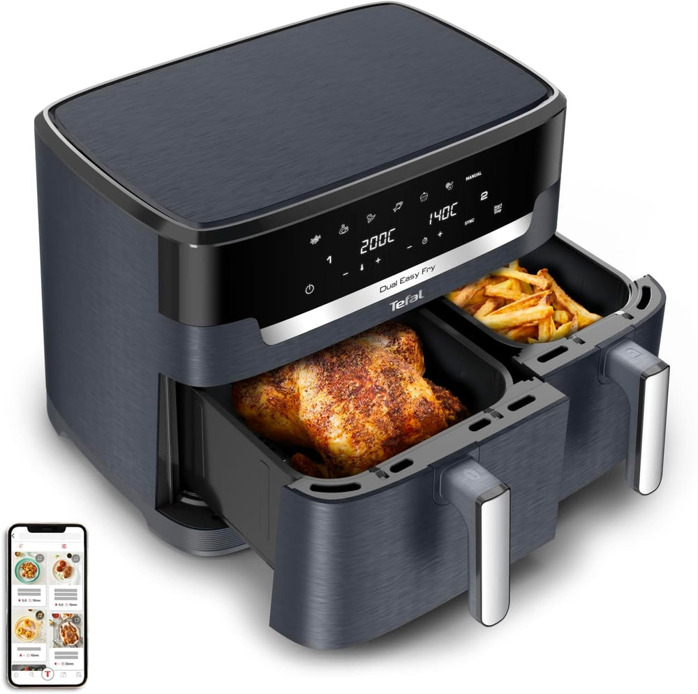 Tefal Dual Easy Fry Hot Air Fryer kétkamrás, 5,2/3,1 literes kapacitással, két független fiókkal, 7 programmal Háztartási gépek Naty Shop Szürke / Antracit