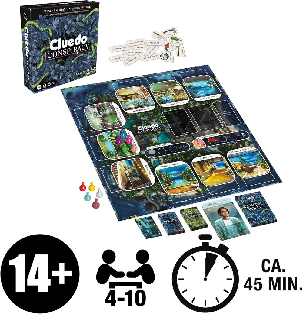 A Hasbro Gaming Cluedo Conspiracy társasjátéka felnőtteknek és tizenéveseknek, a rejtélyes játék német változata, 4-10 játékos számára, 14 éves kortól
