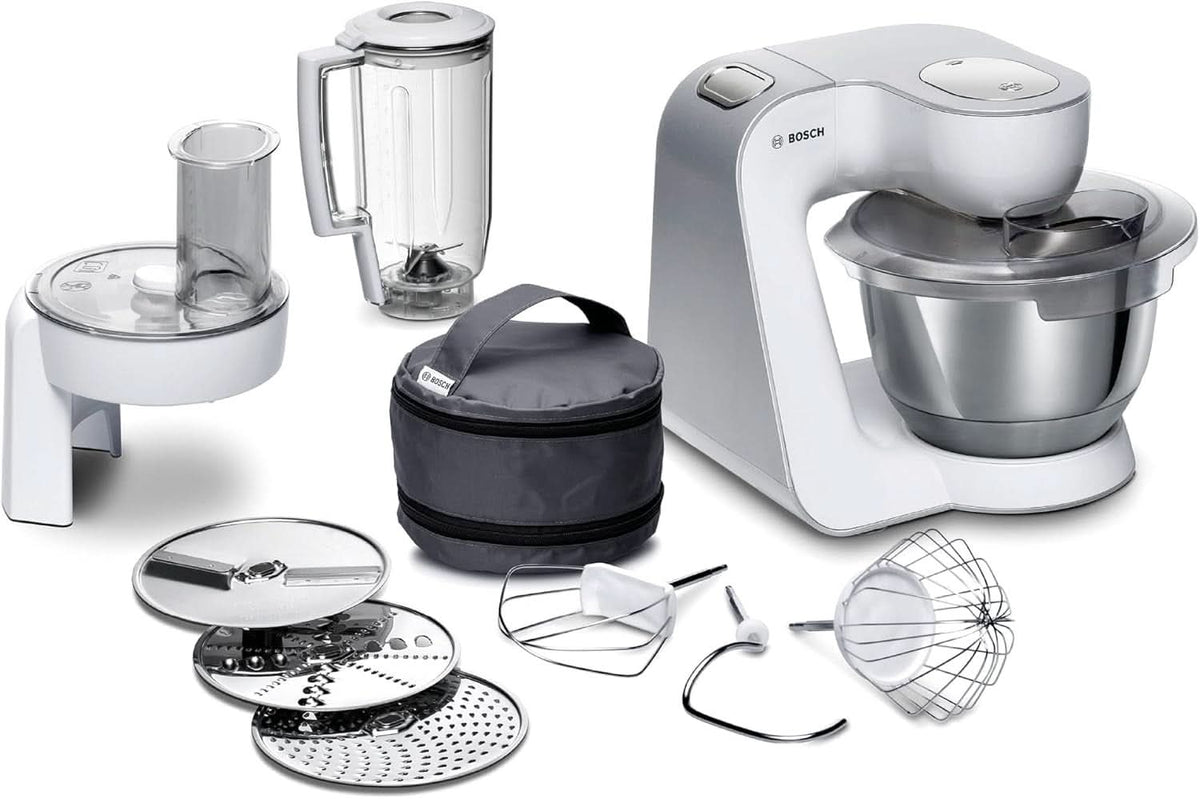 Bosch Küchenmaschine Serie 4 Mum58720, Edelstahl-Schüssel 3,9 L, Mixer 1,25 L, Planetenrührwerk, Knethaken, Schlag, Rührbesen, Durchlaufschnitzler, 3 Scheiben, 1000 W, Natytherrot és Duntytherrot Wei Chilber Shop