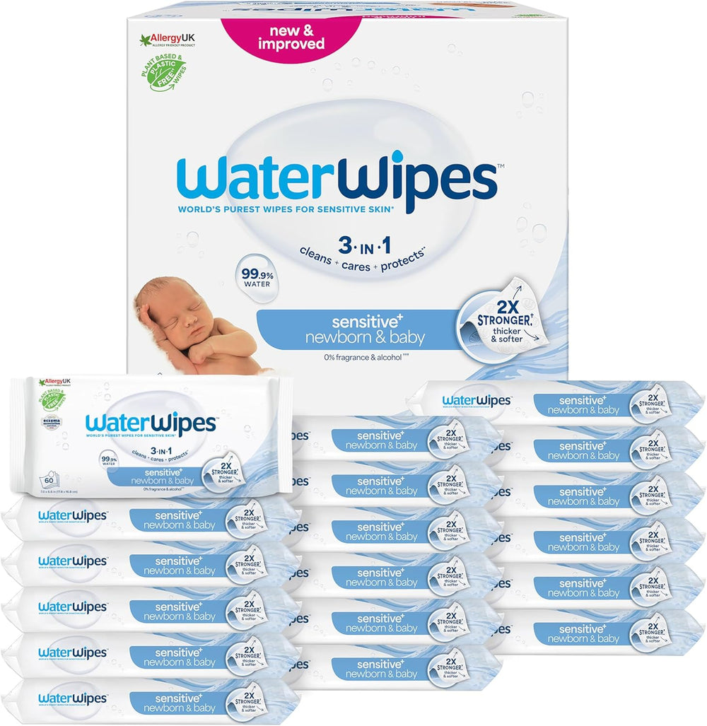 WaterWipes Sensitive+ nedves törlőkendő újszülötteknek és csecsemőknek, 540 db (9 csomag), 3 az 1-ben tisztítás, ápolás, védelem, 99,9% víz, illatmentes
