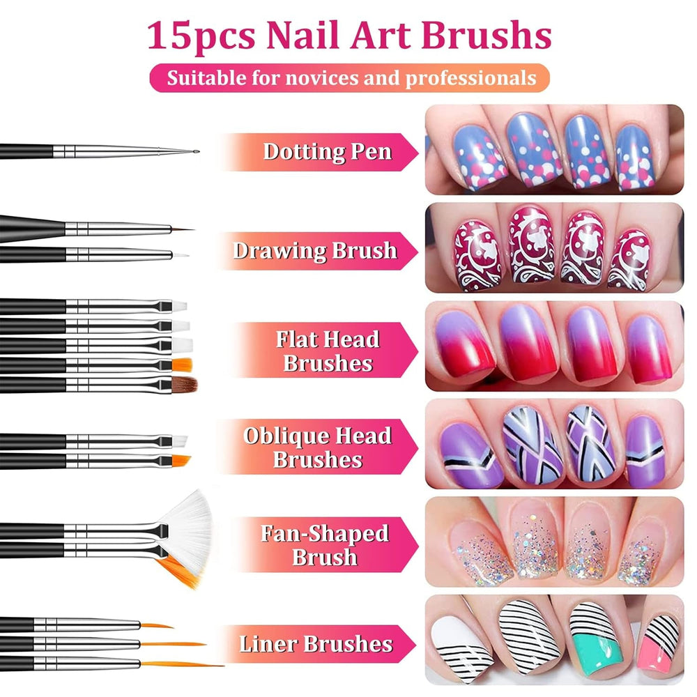 Nail Art Pinsel Und Dekorationen Set,Nail Art Dekoration Zubehör Set,15 Pcs Pinsel,5 Blätter Nagelsticker,5 Pcs Dotted Pen,Strasssteine Nägel,Ultra Dünn Nagel Pailletten Für Nagelkunst Maniküre