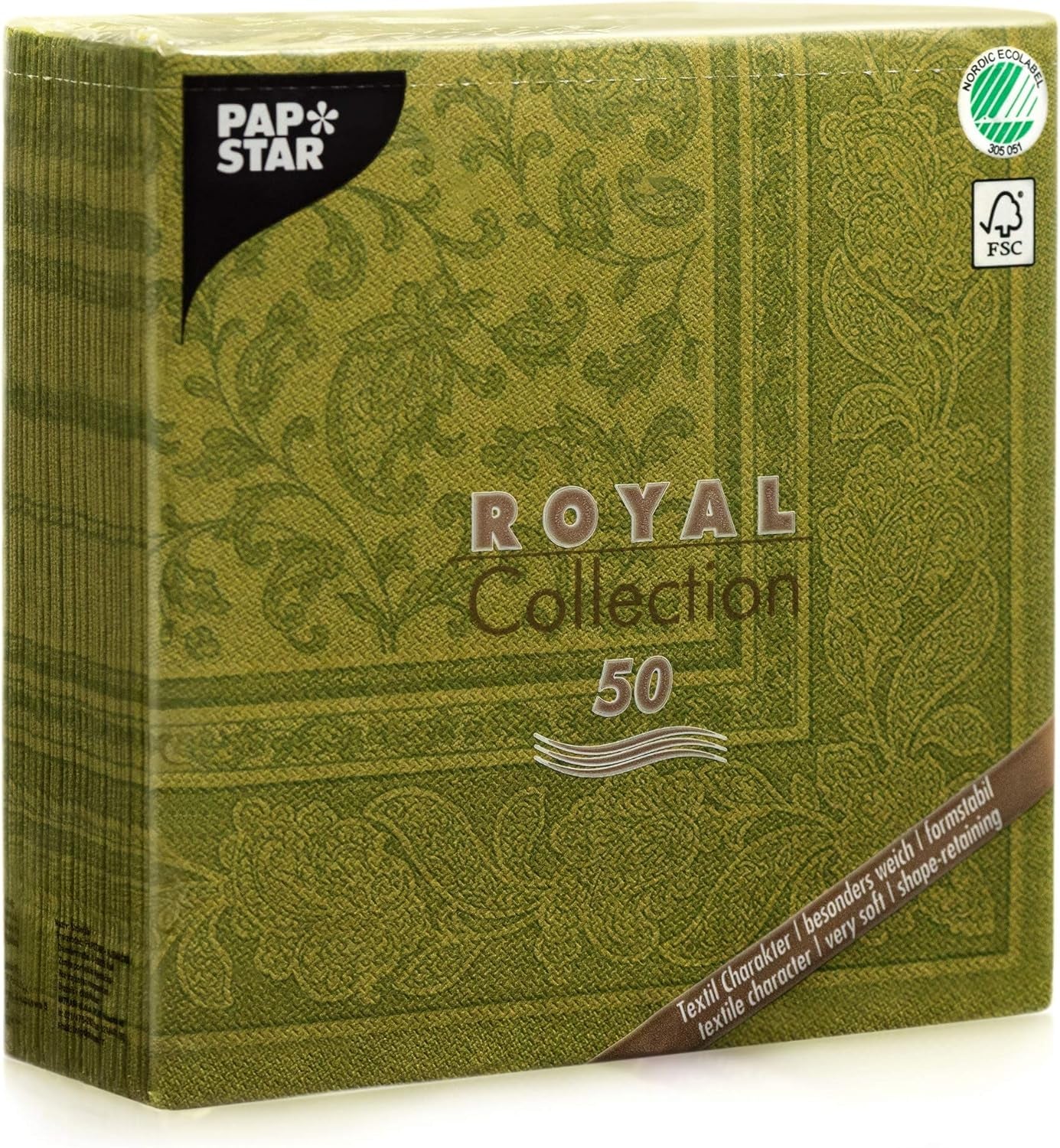 Papstar, 50 de șervețele "ROYAL Collection" 1/4 fold 40 Cm X 40 Cm verde măslin "Ornamente", #81746