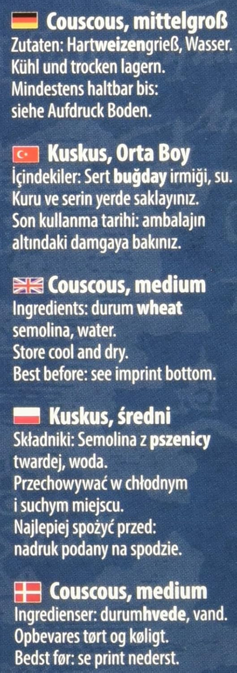 Kuszkusz – Könnyű és bolyhos kuszkusz enyhén diós ízzel – Tipikus észak-afrikai specialitás – 1 x 500g