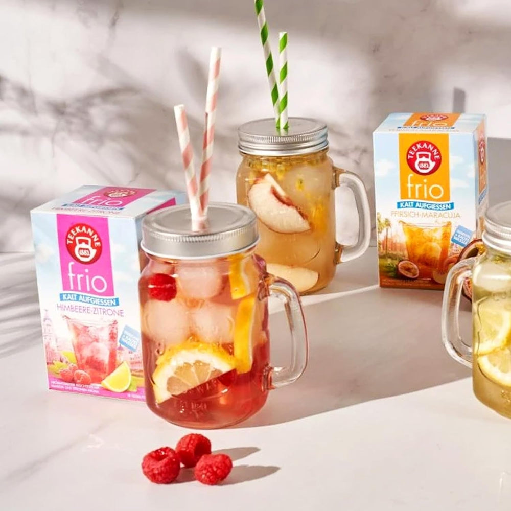 Ceai Teekanne Frio în pachet de 6 fructe, sortimente: zmeură-lămâie, coacăze-lămâie, piersică-maracuja, rubarbă-cireșe, ceai rece lămâie &amp; piersică, câte 18 pliculețe de 2,5 g fiecare