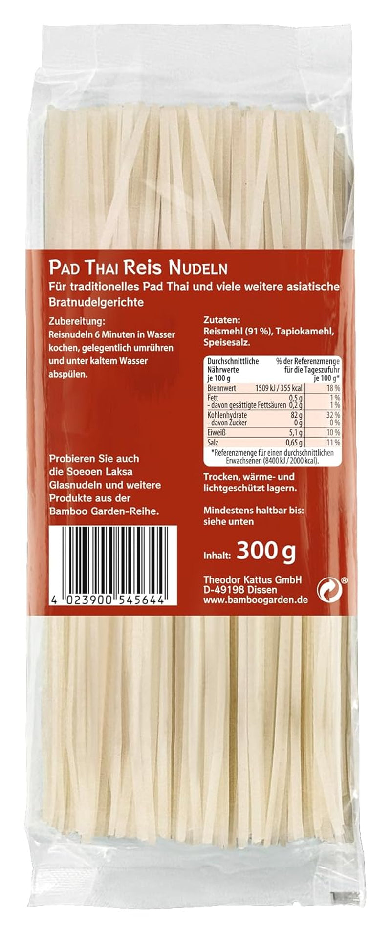 Bamboo Garden - Pad Thai rizstészta rudak, hagyományos tésztás ételekhez, mint például pad-thai, vegán, 1 x 300 g (a csomagolás kialakítása eltérő lehet)