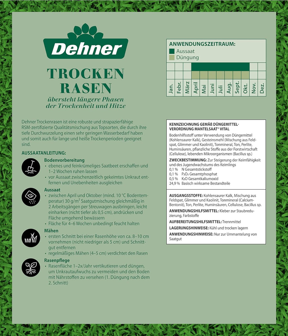 Dehner Saatgut Rasensamen, Trockenrasen, Hochwertige Saatgutmischung, Strapazierfähig/Selbstregenerierend, 750 G, Für Ca. 25 M², Natur
