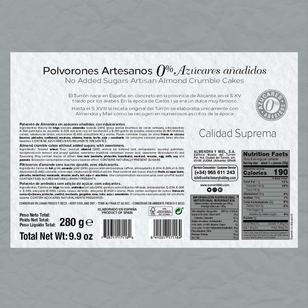 – Polvorones artizanale, 0% zahăr adăugat, Calitate superioară, Aluat tipic de Crăciun, Rețetă artizanală, Ambalat individual, 280 grame