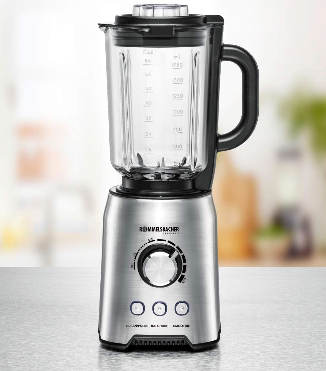 ROMMELSBACHER állókeverő MX 1250-22 000 U/min, Stufenlose Drehzahlregulerung, Funktionsstasten (Smoothie, Clean/Pulse, Ice Crush), Glaskrug, Edelstahlgehäuse, Spezialmesser, 1200 Watt Kitchen Naty Shop