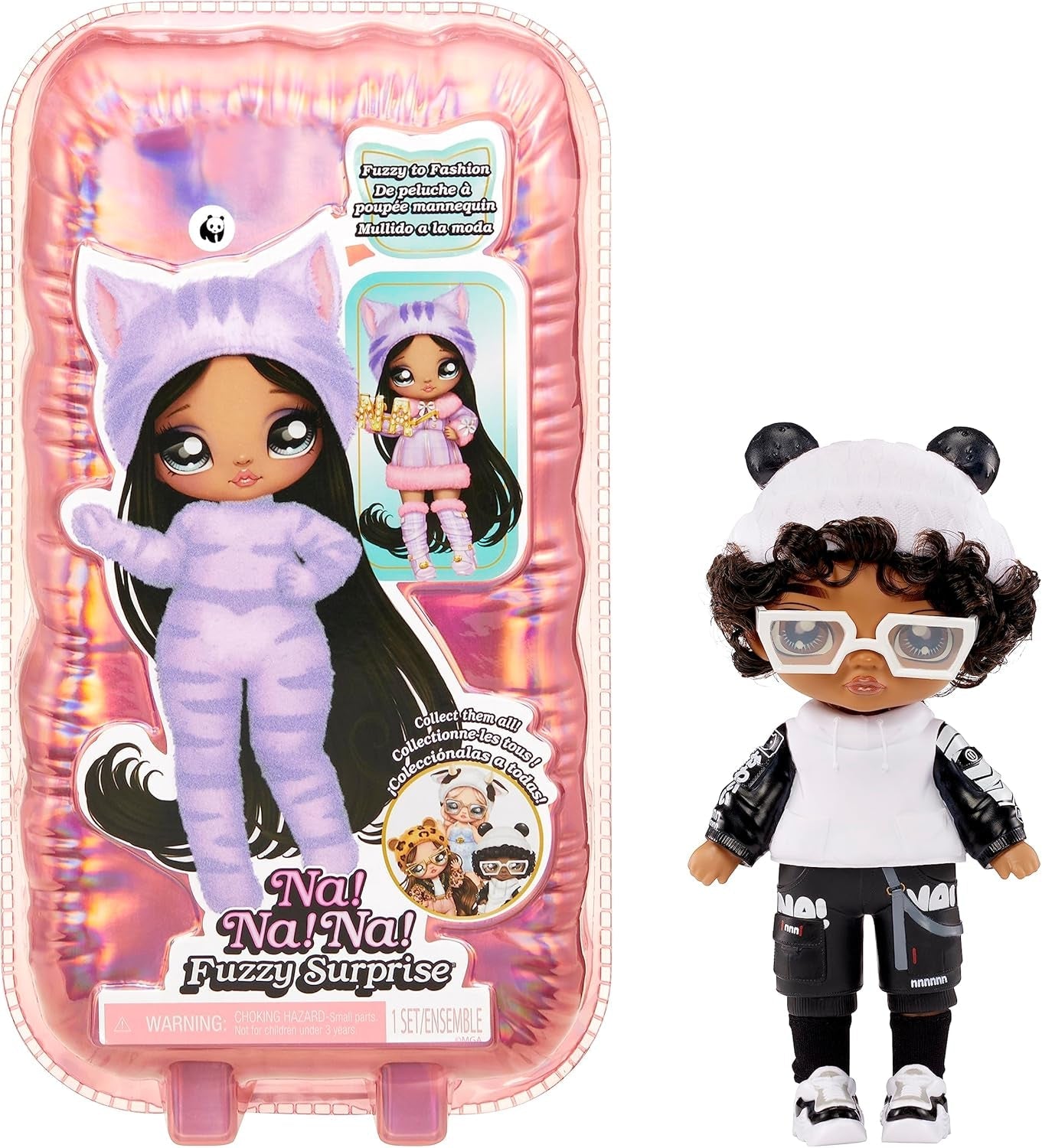 NA! NA! NA! Surprise Fuzzy Surprise Serie 1 - JENNEL Jaguar - 18 cm posierbare Modepuppe - Jaguar-inspiriert mit beflocktem Körper, Beanie, Brille, Outfit, und Schuhe - Spielzeug für Kinder ab 4+