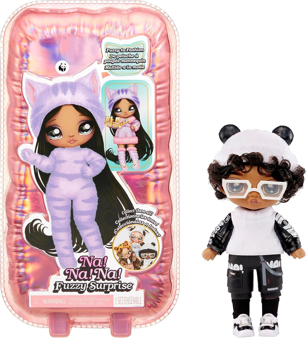 NA! NA! NA! Surprise Fuzzy Surprise Serie 1 - JENNEL Jaguar - 18 cm posierbare Modepuppe - Jaguar-inspiriert mit beflocktem Körper, Beanie, Brille, Outfit, und Schuhe - Spielzeug für Kinder ab 4+