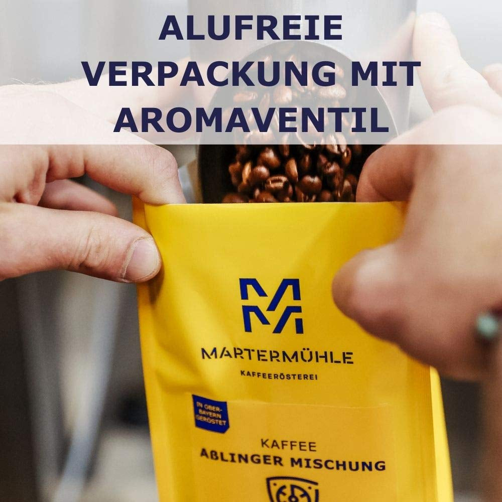 Martermühle Crema Espresso 500g tare | Arabica/Robusta | Arome: Cacao neagră, alune | Boabe de espresso întregi prăjite ușor, aciditate scăzută