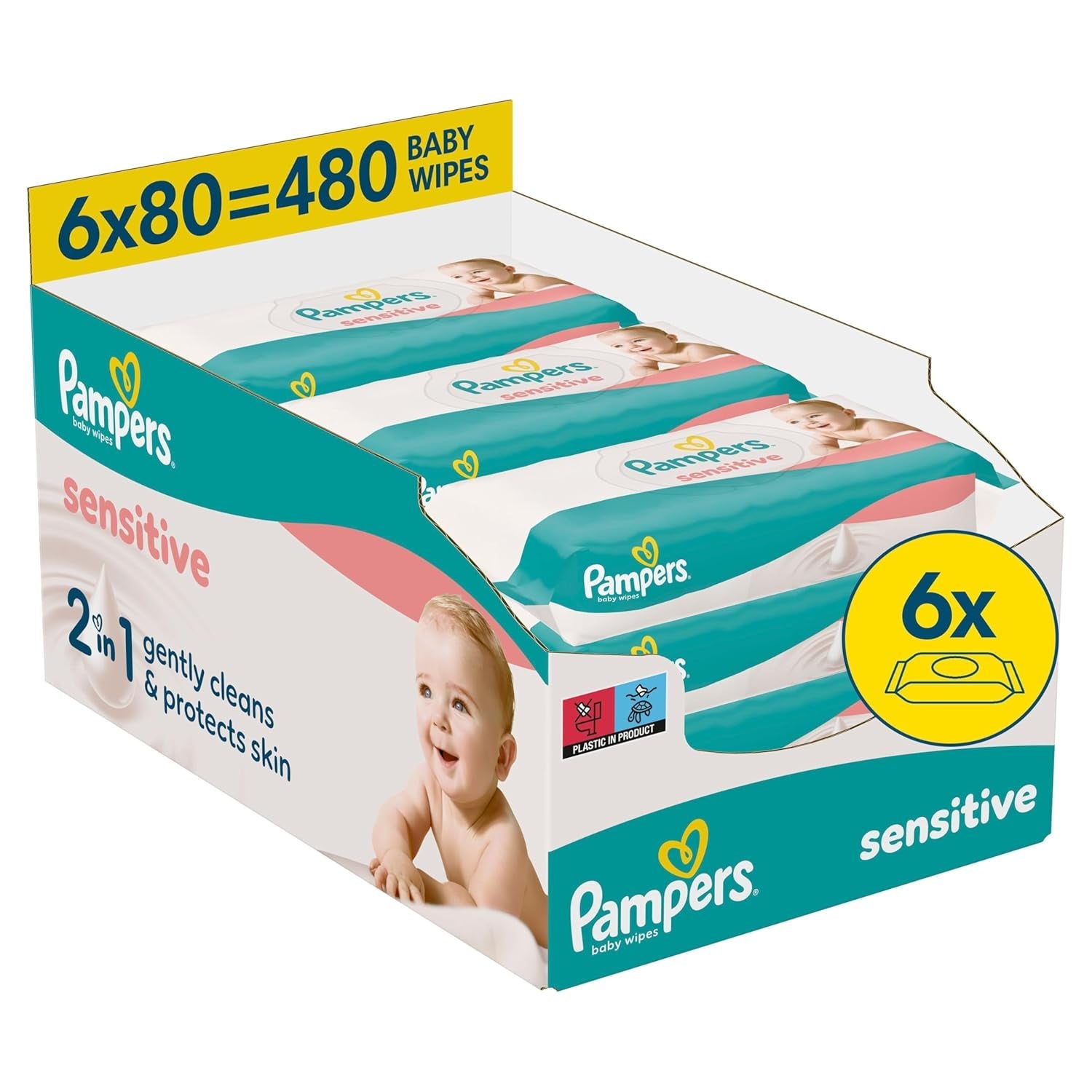 Pampers Sensitive nedves törlőkendők, 6 csomag 80 törlőkendő = 480 törlőkendő, illatmentes, gyengéd, gyengéd tisztításhoz