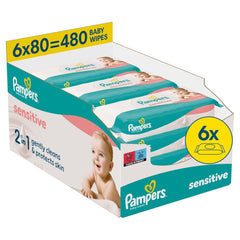 Pampers Sensitive nedves törlőkendők, 6 csomag 80 törlőkendő = 480 törlőkendő, illatmentes, gyengéd, gyengéd tisztításhoz
