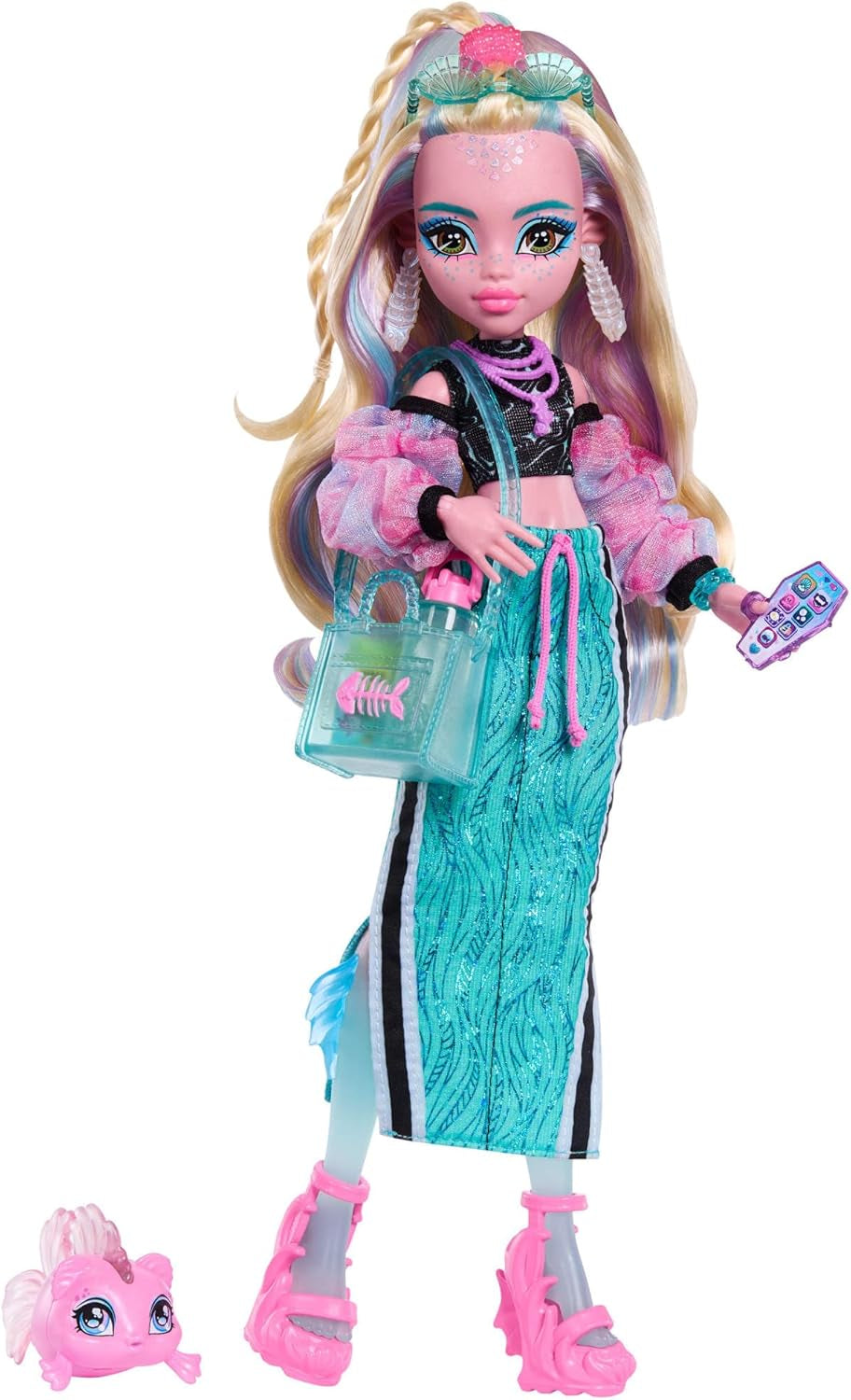 Monster High-Puppe, Draculaura mit rosa Kleid mit Schleifen und schwarzer Strickjacke, mit Fledermaus Count Fabulous und 7 Zubehörteilen wie Ramen, Lippenstift und Tasche, JHK29