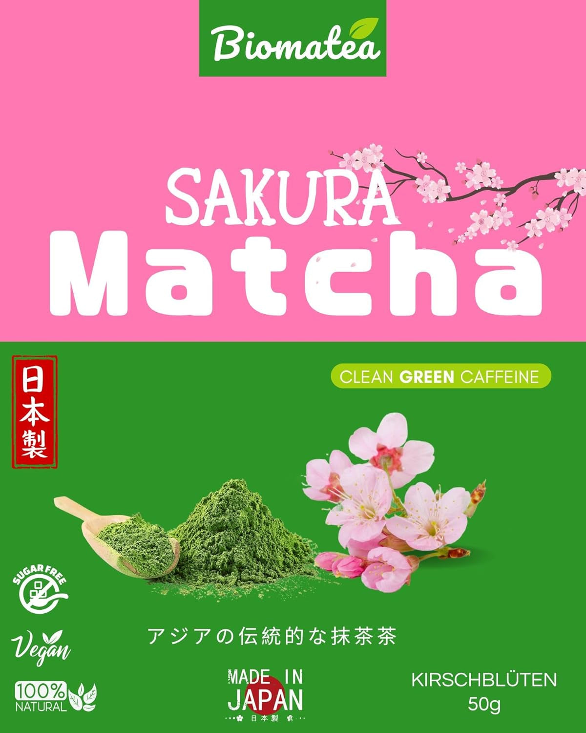 Ceai Sakura Matcha 50 g – de calitate ceremonială din Japonia – ceai verde premium cu pudră de flori de sakura – prima recoltă, măcinat cu piatră, vegan, fără aditivi