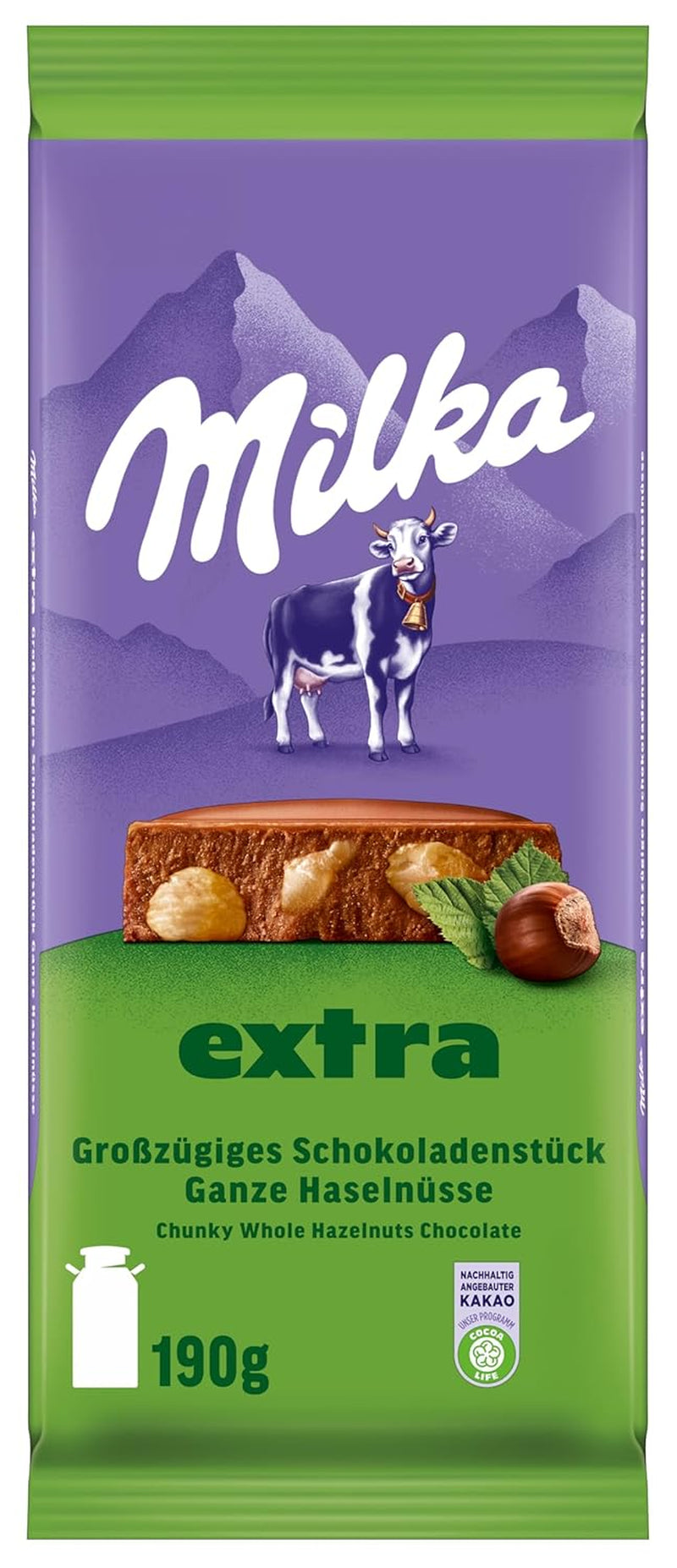 Egész mogyoró csokoládéval Milka Extra - Alpesi tejcsokoládé ropogós egész mogyoróval - 12 x 190g