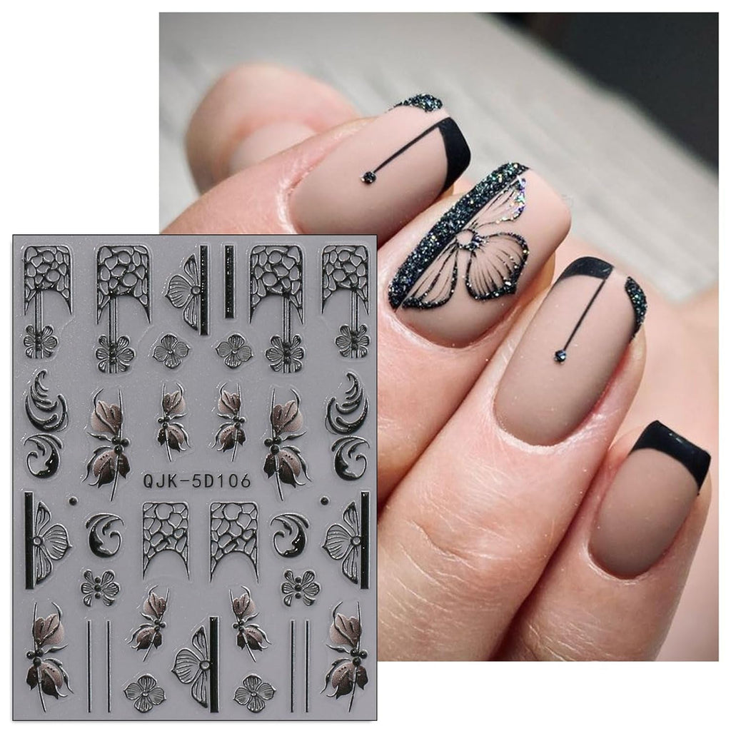 JMEOWIO 3D Nagelsticker Schwarz Weiß Blume Nail Art Sticker Selbstklebend Nagelaufkleber 5D Stereoskopisch Blumen Dekoration Nageldesign Zubehör 4 Blatt