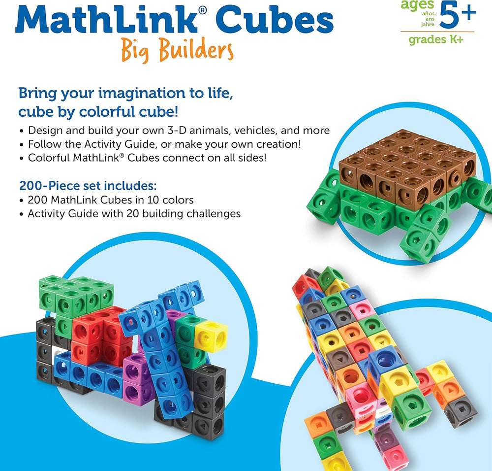 Tanulási források MathLink Steckwürfel Big Builders for Baumeister, ab 5 Jahren, Konstruktionsspielzeug für frühes Mint-Lernen, 200 Teile